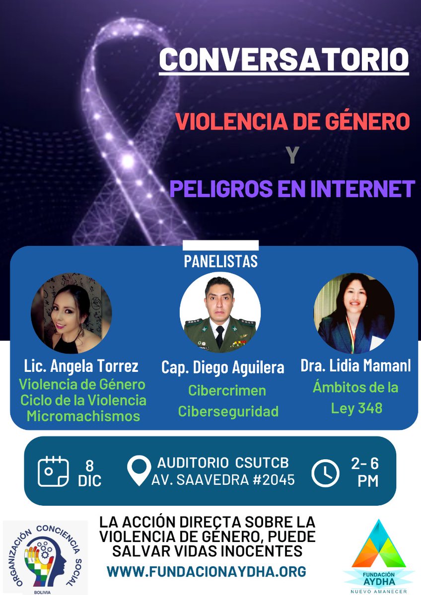 #conversatorio que abordará la temática de #ViolenciaDeGenero, desde otro punto de vista. 
Desencadenantes de #agresiones #físicas como #digitales
Los esperamos...
<a href="/HaroldSinnott/">Harold Sinnott 🛜📲</a> <a href="/ONUMujeres/">ONU Mujeres</a> <a href="/UNESCO_es/">UNESCO en español 🏛️#Educación #Ciencia #Cultura</a> <a href="/bithumano/">Marcelo Durán</a> <a href="/marbendem/">Marina Benítez Demtschenko</a> <a href="/FemHackARG/">Activismo Feminista Digital</a> @SueciaEnLaPaz
#tech #Gender #Health #iA