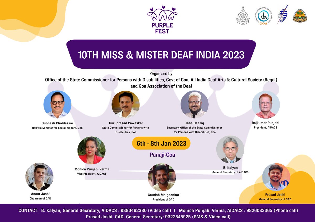 10th Miss &amp; Master Deaf India 2023
Register now... 
Contact details given below..
Looking forward to see you at the event 

#TwitterArmyofPswD 
#PurpleFest
