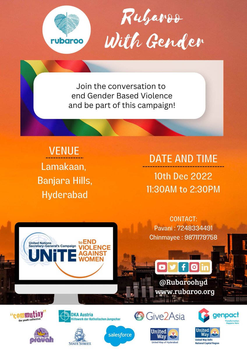 RubarooHyd's tweet photo. Save the Date for @RubarooHyd's annual event #RubarooWithGender #HumanRightsDay #16DaysagainstGBV!! 

Come join us to witness the learnings and stories of our Gender participants and support us in creating 'Safe and Gender Equal Communities' on 10th December 2022 @lamakaan. https://t.co/UWRCQl7w3u