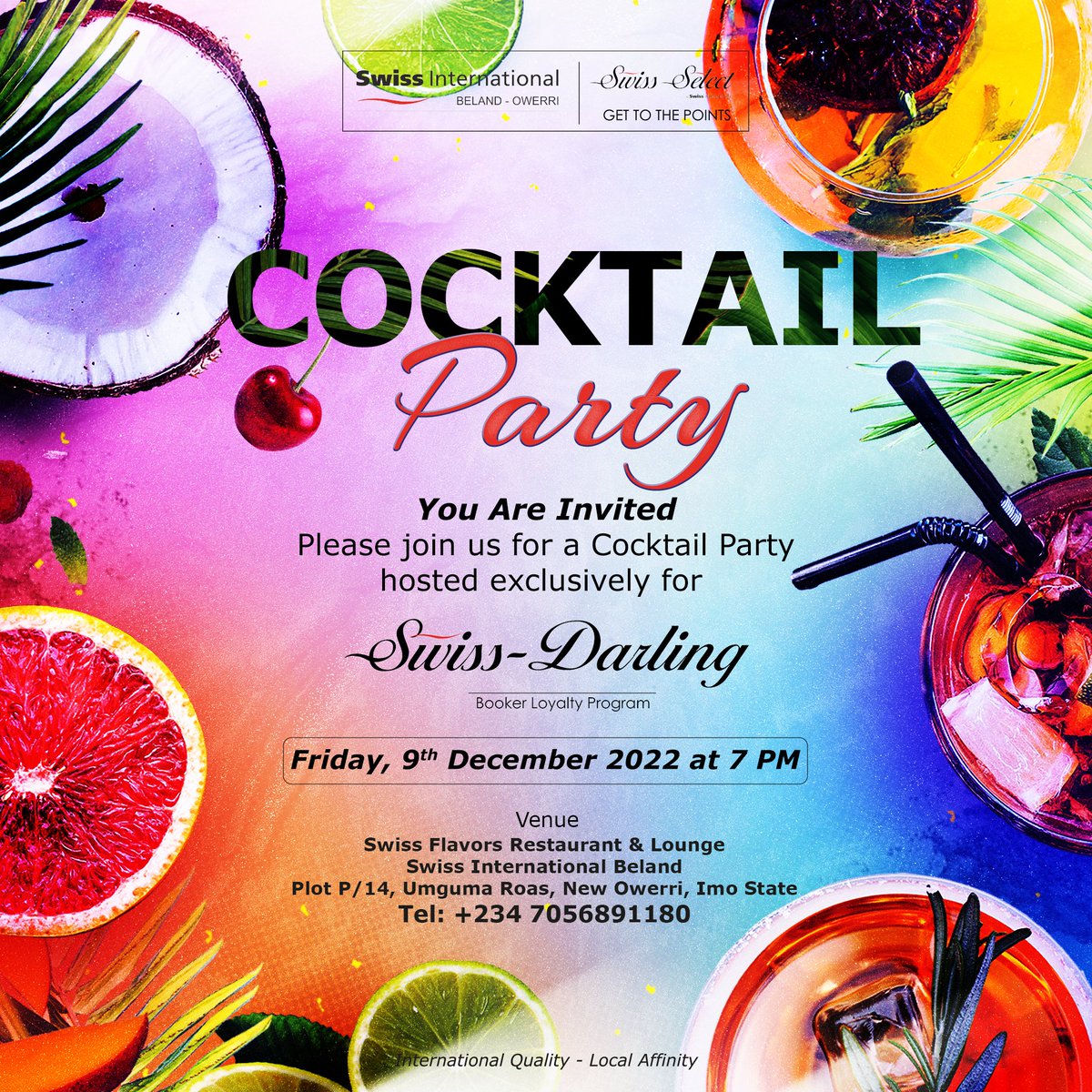 Happening at Swiss International Beland tomorrow.
A cocktail party for their Swiss-Darling Members. 
We hope to see you there!

#swissintbeland #eventsinowerri #Owerri #owerrihotels #swissinthotels