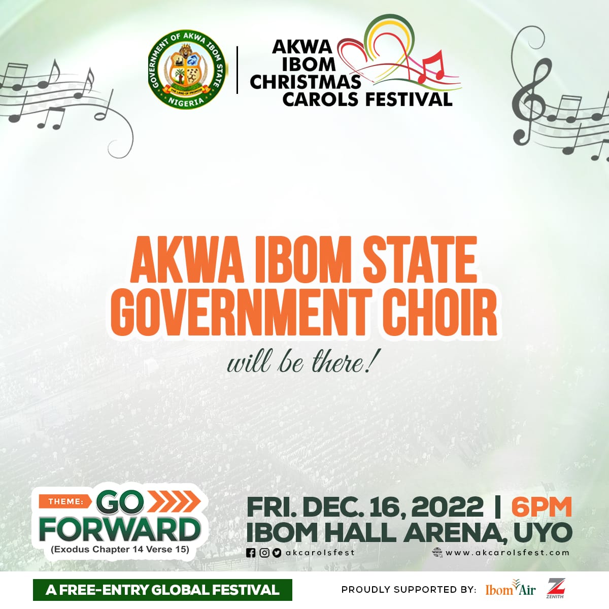 Join the Akwa Ibom State Government Choir and other anointed music Ministers at the Ibom Hall Arena on December 16 for a life-changing worship encounter.

#AKCAROLSFEST2022 #GOFORWARD #EXPECTMORE 
Cc. <a href="/asterizzle/">asteroid bassey</a> <a href="/akcarolsfest/">Akwa Ibom Carols Festival</a> <a href="/CreamyFlorence/">Florence Essien</a> <a href="/Ameyaiyacreativ/">Ameyaiya</a>