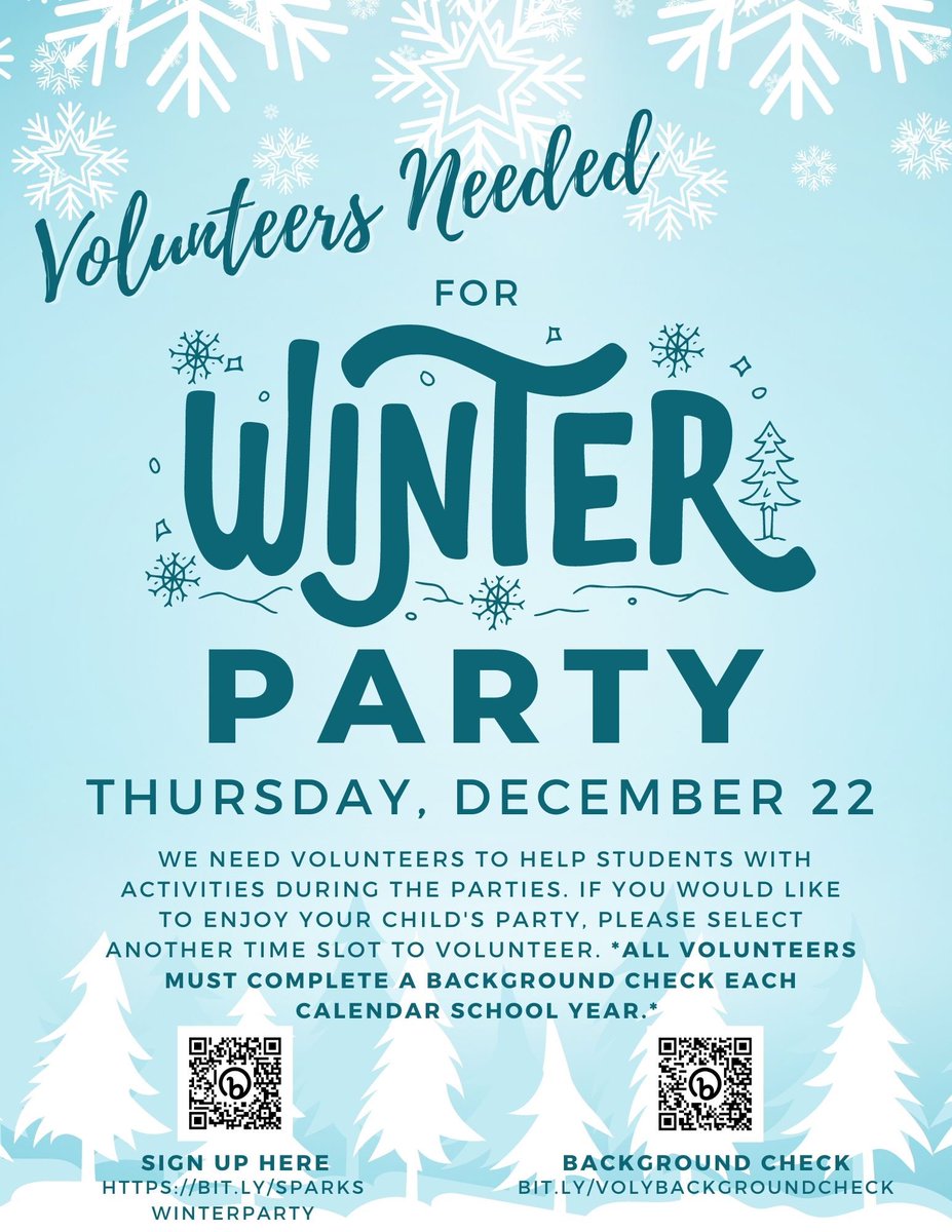 Sparks Elementary PTA (@ptasparks) on Twitter photo Who is ready to have snow much fun? We are TWO WEEKS away from Sparks’ Winter Party!!! We need YOU.
Pro Tip: Attend your child’s grade-level party and volunteer for the grade-level party before or after your child’s party. <a href="/SparksElemFISD/">Sparks Elementary</a>
bit.ly/sparkswinterpa… Who is ready to have snow much fun? We are TWO WEEKS away from Sparks’ Winter Party!!! We need YOU.
Pro Tip: Attend your child’s grade-level party and volunteer for the grade-level party before or after your child’s party. <a href="/SparksElemFISD/">Sparks Elementary</a>
bit.ly/sparkswinterpa…