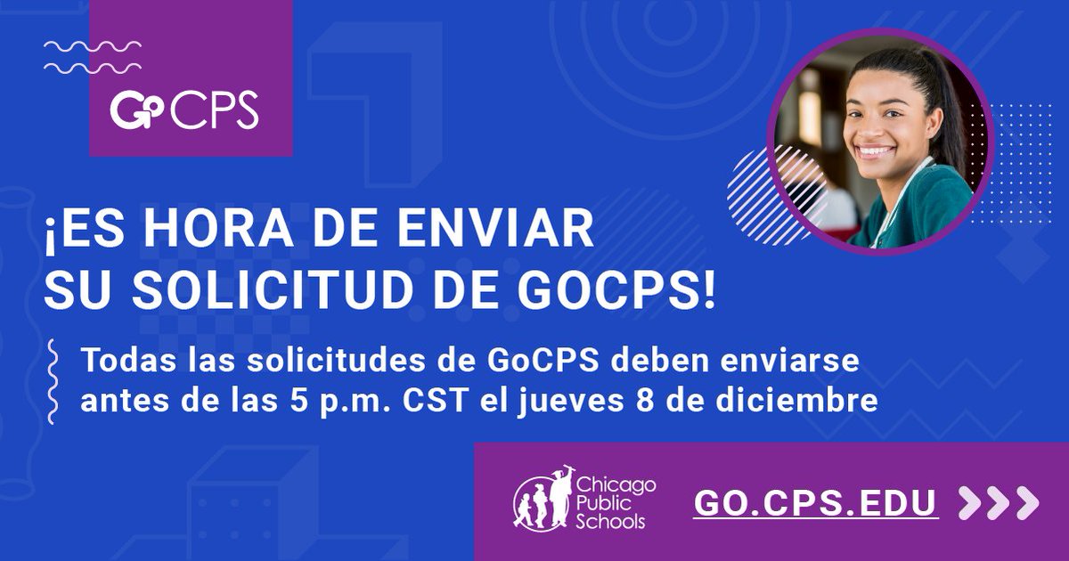 ChiPubSchools's tweet photo. 🚨 Submit your application this week! All GoCPS high school applications must be submitted by 5 p.m. CST TODAY, Thursday, December 8th. To learn more and apply for the 2023-24 school year, visit https://t.co/blwllQFzOU. #gocps https://t.co/2dBKFb7yvM