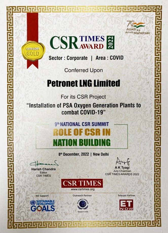 PetronetLNGLtd's tweet photo. We are pleased to announce that @PetronetLNGLtd   has been honored with the prestigious 9th CSR Times Award in Gold Category for its pivotal role in Nation Building for the CSR Project “Installation of PSA Oxygen Generation Plants to combat COVID - 19”#csrtimes
@sundeepbhutoria https://t.co/3R5Ja9HtpZ