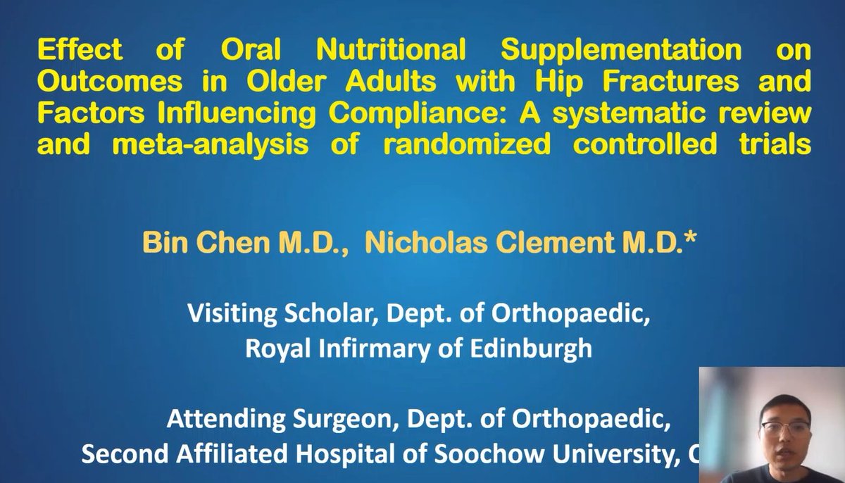 A_MacLullich's tweet photo. ‼️ Important systematic review presented by Mr Bin Chen: 

🥤 Oral nutritional supplements appear to improve multiple outcomes in hip fracture patients.

#scothip22

@FF_Network @kirstymward @KarenAdam13 https://t.co/MwpT7zOAkr