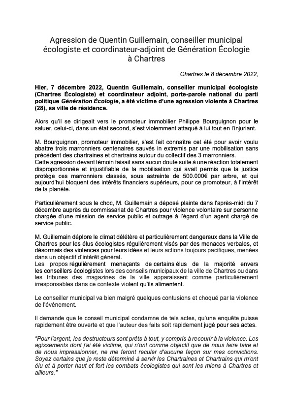 qguillemain's tweet photo. Violemment agressé et injurié hier par un promoteur immobilier à Chartres, j'ai déposé plainte.
Encore sous le choc, je ne participerai pas au Conseil Municipal de la @VilledeChartres  de ce soir mais j'espère que toutes et tous condamnerons cette violence inacceptable. https://t.co/ir2IOgxL9t