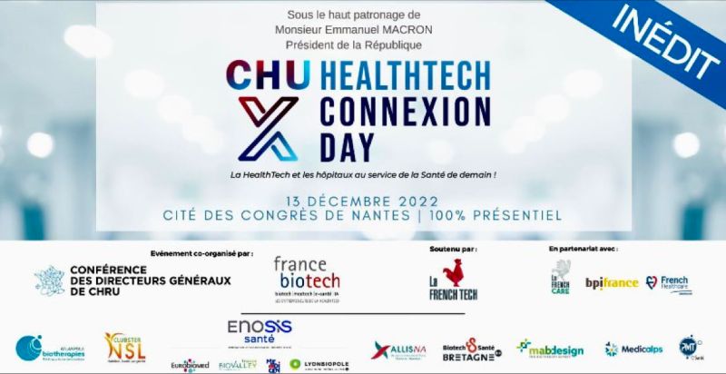 Fiers de participer à la première édition de l'événement #CHU X #Healthtech Connexion Day : une journée d'échanges et de rencontres avec les hôpitaux pour imaginer et concevoir les services de santé de demain ! 📅RDV le 13/12 à Nantes ! #DigitalHealth #Esanté #SmartSolutions #IoT