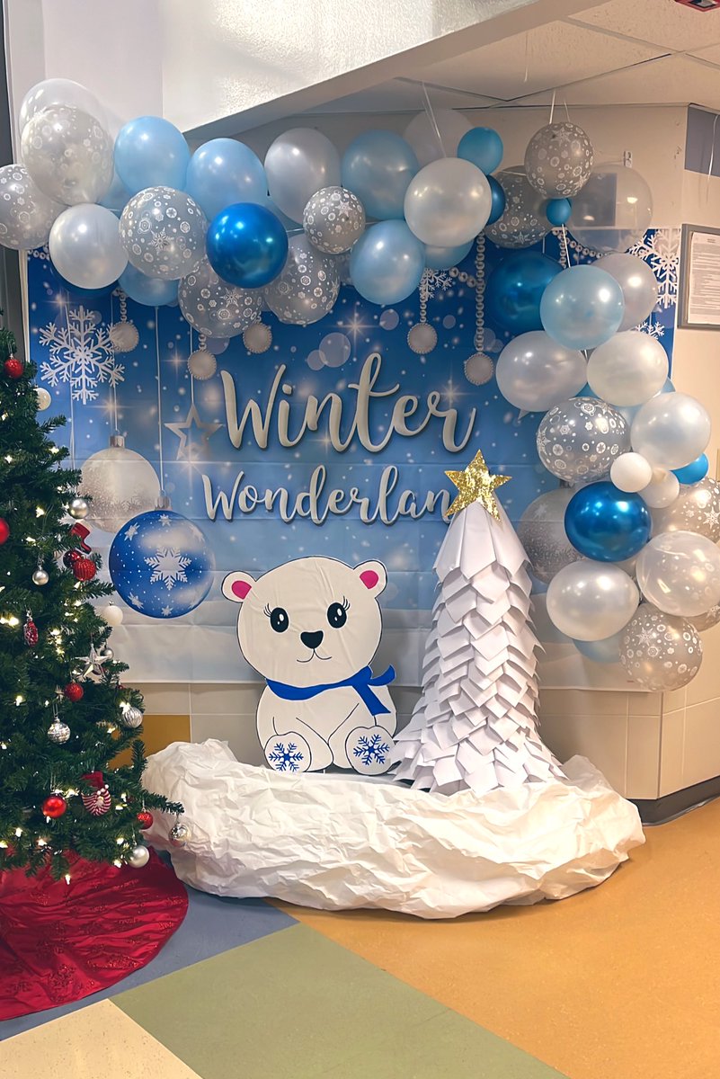 Our school foyer is adorable!! Spreading cheer for all bulldogs to hear ❄️