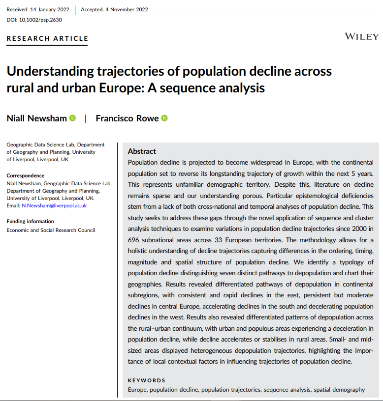 Happy to announce a new paper w/ <a href="/fcorowe/">Francisco Rowe ✌️</a> in Population, Space and Place: 
“Understanding trajectories of population decline across rural and urban Europe: A sequence analysis”
 
Open access 🔓 here: onlinelibrary.wiley.com/doi/epdf/10.10…

1/5