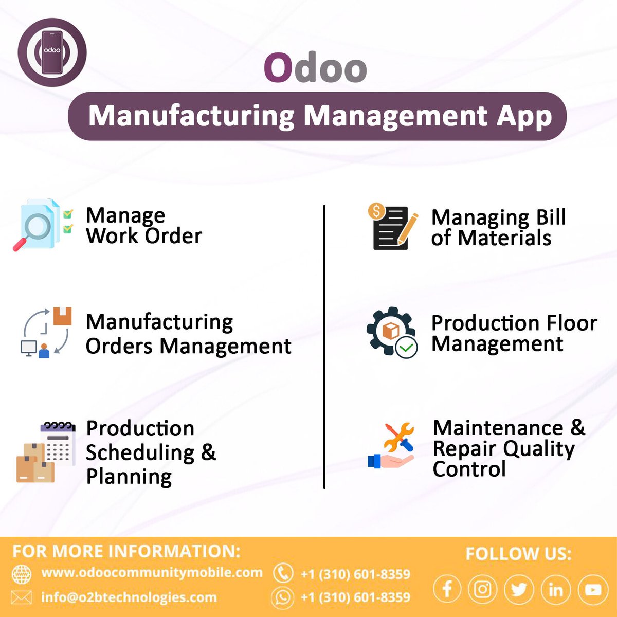MobileOdoo's tweet photo. The powerful manufacturing solution, manufacturers can efficiently manage the entire manufacturing operation without any trouble.
.
Know More Visit: https://t.co/inJRMMVMgU
Call and WhatsApp: +1(310)601-8359
.
#manufacturingmanagement #manufacturing #odooeapp #odoocommunity #odoo https://t.co/J9VAlwYMnZ