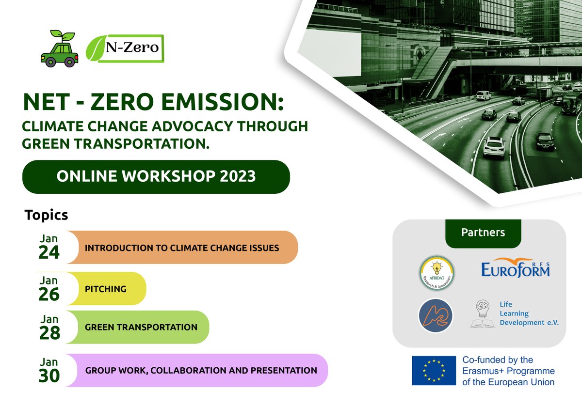 LifeLearning3's tweet photo. @LifeLearning3  is glad to announce  NET-ZERO Emission: Climate Change Advocacy through Green Transportation ( ONLINE WORKSHOP)
#climateaction #climate  #greeneconomy #greentransport #greenskills 

Application deadline: 19th January 2023

APPLY HERE: https://t.co/u1C3mMIUmv https://t.co/T4r8eYaiAJ