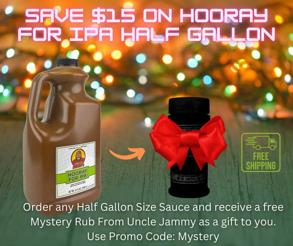 Save $15.00  and FREE SHIPPING on Half Gallon of Hooray for IPA and get a mystery rub with the promo code: MYSTERY
.
.
.
<a href="/stbcbeer_pgh/">Southern Tier PGH</a> #unclejammys #pabbqchef #barbequesauces #barbequesauce #pittsburghbbq #pittsburghfoodies #pittsburghfoodie #southerntier #holidaysale #bbq