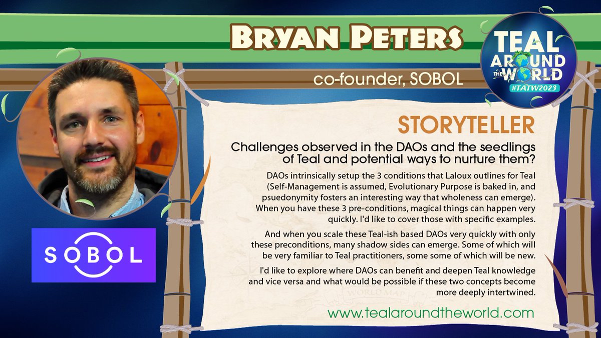 thetealnetwork's tweet photo. We’re happy to present our next #Storyteller!

Bryan Peters is the Co-Founder of Sobol, and his current mission is to find ways to #leveragetechnology to facilitate more #purposedriven, #decentralized, people oriented ways of working.

#TATW2023 https://t.co/nJ1vrALPvE