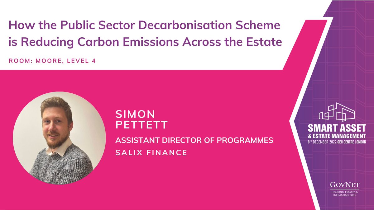 Excited to hear from Simon Pettett Assistant Director of Programmes <a href="/SalixFinance/">Salix</a> in five minutes in the Moore room! He will be discussing the Public Sector Decarbonisation Scheme &amp; Low Carbon Skills Fund. 

#SmartEstates22 #Decarbonisation #LowCarbon #Sustainability
