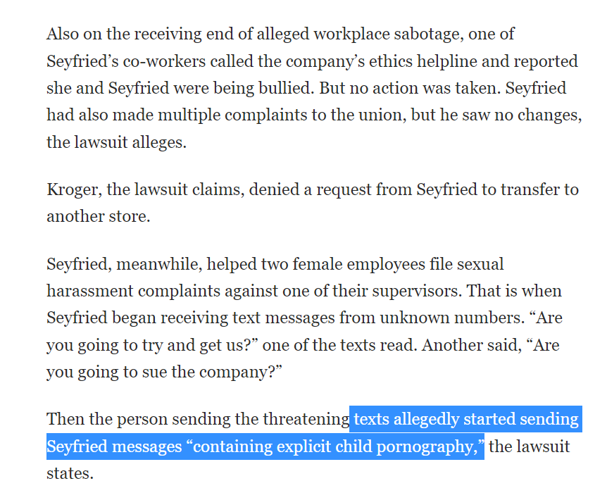 moetkacik's tweet photo. Kroger taking GOP heat for "silencing conservative workers voices" but last year conservative (also: psychotic) Kroger managers drove 19-year worker Evan Seyfried to kill himself, for 1. sticking up for workers who were being sexually harrassed, and 2. wearing a mask https://t.co/D5TKtUzp2C