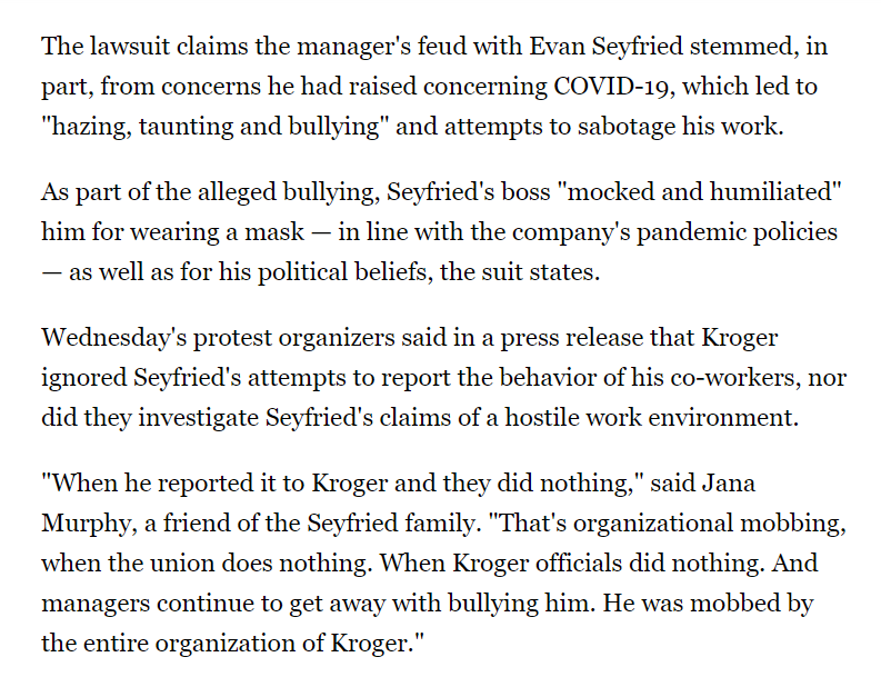 moetkacik's tweet photo. Kroger taking GOP heat for "silencing conservative workers voices" but last year conservative (also: psychotic) Kroger managers drove 19-year worker Evan Seyfried to kill himself, for 1. sticking up for workers who were being sexually harrassed, and 2. wearing a mask https://t.co/D5TKtUzp2C