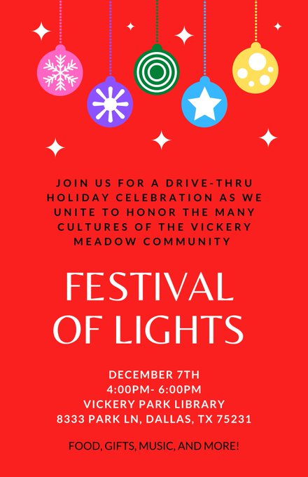 LAchieves's tweet photo. The Midtown Improvement District (formerly Vickery Midtown Improvement District) is honored to be a financial supporter of the annual Festival of Lights this Tuesday December 7 4 to 6 pm at the Vickery Park Branch Of Dallas Public Library https://t.co/R9KlnVIhAS