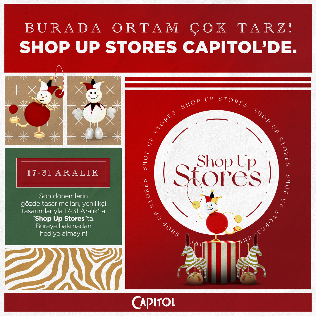 Buraya bakmadan hediye almayın! 17 Aralık’ta başlayacak Shop Up Stores ile yeni yıl ruhunu yakalayacağınız tasarım ürünler sizinle. Farklı tasarımcıların bir araya geleceği alışveriş festivalimiz, Capitol’de ay sonuna kadar devam edecek. Siz de yeni yılın tadını doyasıya çıkarın.