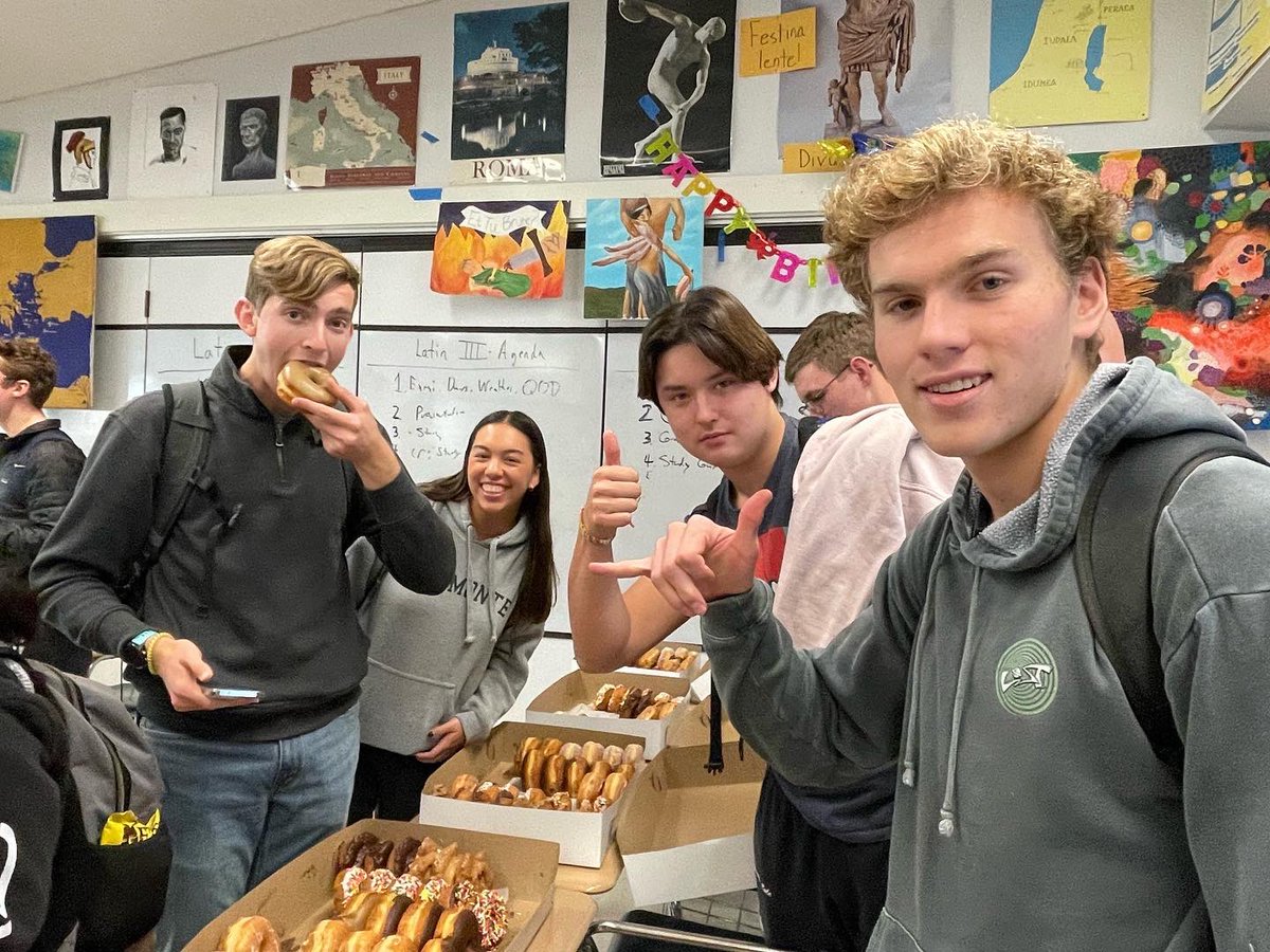 mhsjcl's tweet photo. Miramonte Latin students enjoyed donuts and hot chocolate today while learning about Roman dining. The 200 donuts and gallons of chocolate milk were demolished!! https://t.co/pW4BJ3i22w