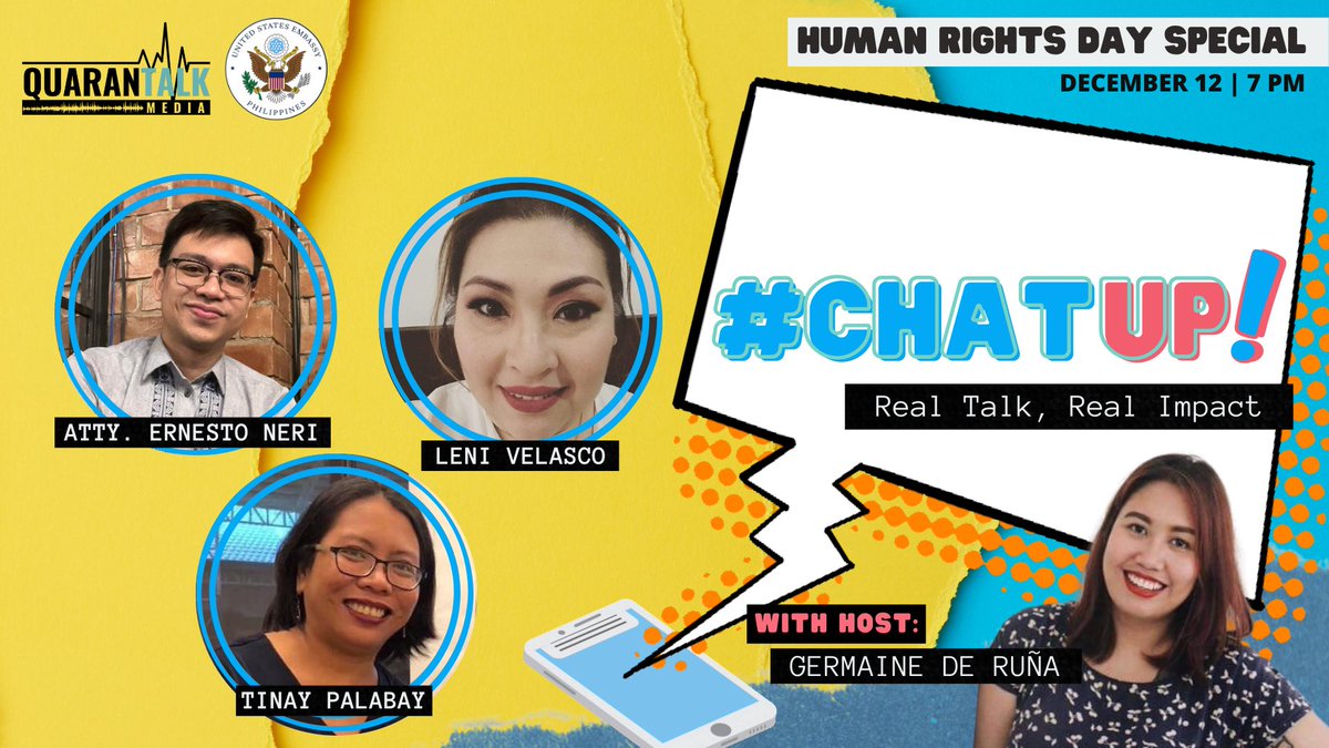 quarantalkmedia's tweet photo. #ChatUp Episode 18: “Human Rights Day Special”
#HumanRights Day is observed every year on 10 December. In this last episode of #ChatUp for 2022, we will zoom in on the state of HR in the Philippines & what can we do as citizens to collectively protect everyone’s human rights. https://t.co/v5aOQN1e1w