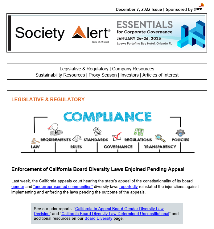 Latest Alert, sponsored by PwC, with #SEC Rulemaking | Advance Notice Bylaws | Audit Comm Disclosure &amp; Practices | #BoardDiversity Disclosure | GHG Protocol | Retail Investors | P4P | #HumanRights is available to Society members at lnkd.in/eVbWGnKp. #corpgov #esg