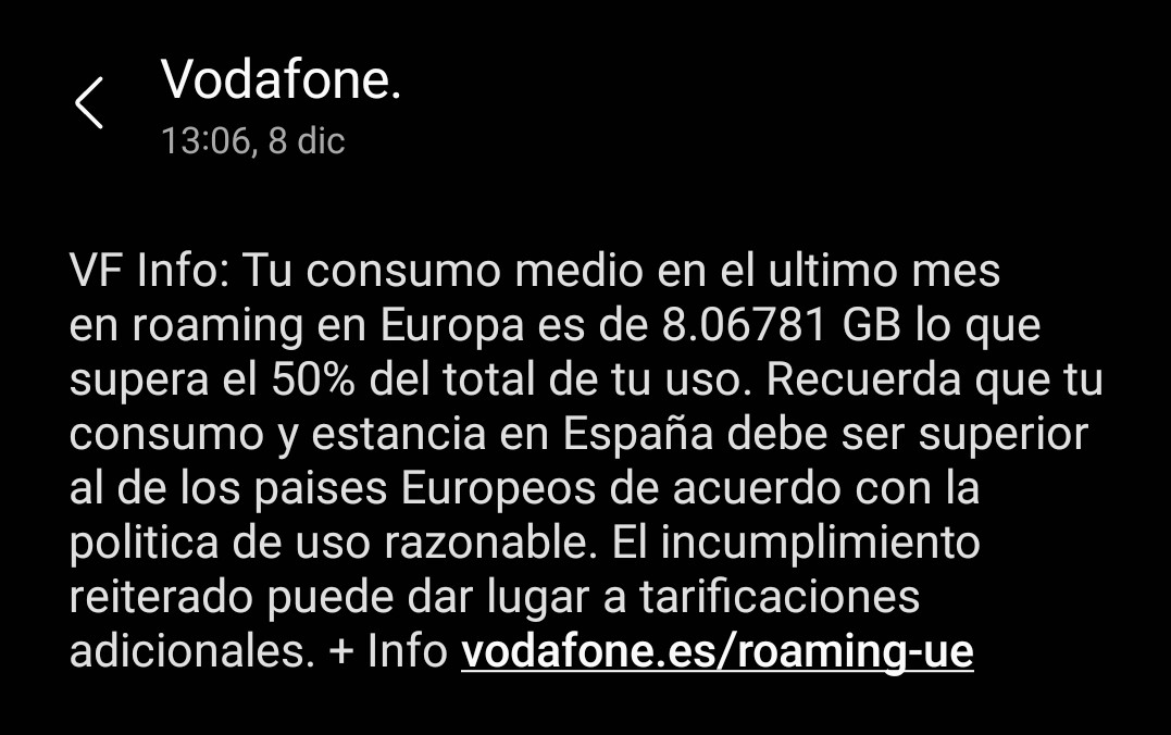 antoniotr_'s tweet photo. @vodafone_es, he salido de España doce días desde marzo de 2020, repartidos en dos viajes. En las dos ocasiones he recibido el mismo mensaje. Como es normal, cuando estoy fuera de casa consumo más datos. https://t.co/L3UObmN8Lr