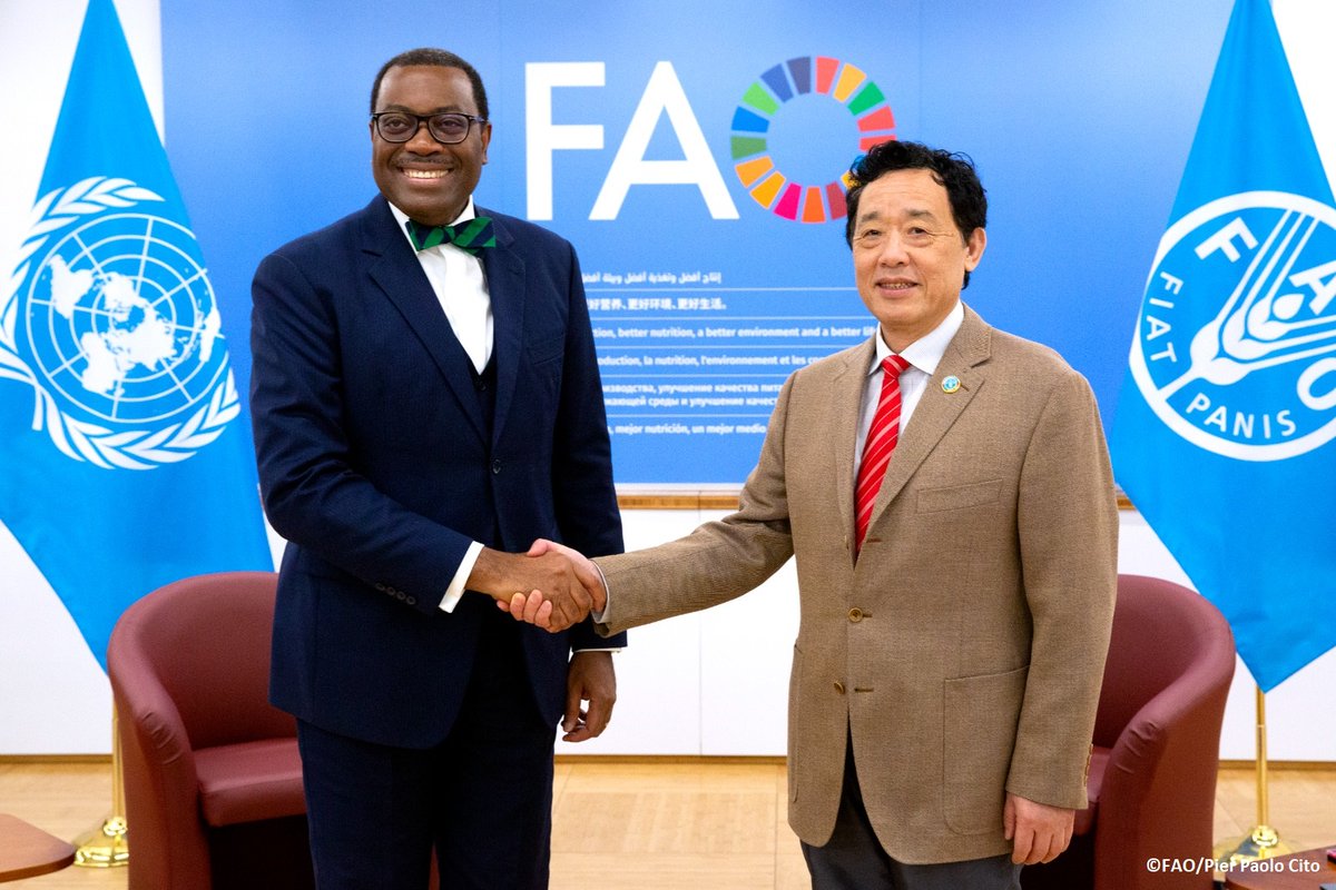 FAODG's tweet photo. Fruitful meeting with @AfDB_Group President @akin_adesina. We agreed to strengthen our partnership to help countries achieve #SDGs &amp; #Agenda2063. #HandinHand &amp; Technologies for African Agricultural Transformation can help Africa transform agrifood systems &amp; improve food security. https://t.co/2xzm9Cg2HO