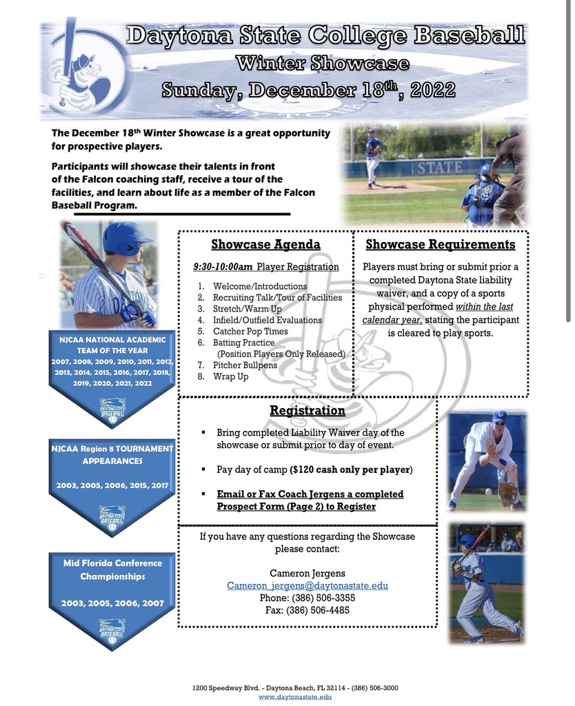 Daytona State College Winter Showcase - December 18th, 2022
Come showcase your abilities in front of the entire coaching staff! You can pre-register on our website. dscfalcons.com/sports/bsb/DSC…
