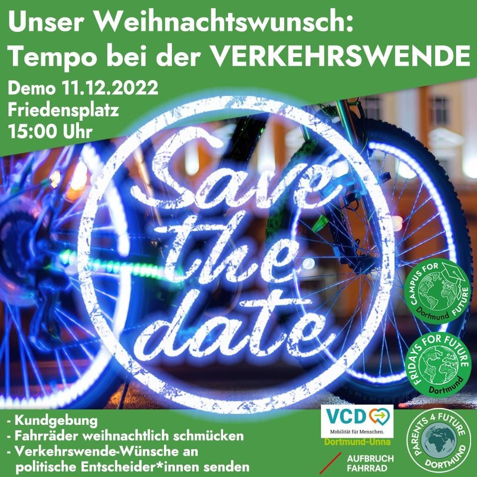 CFFDortmund's tweet photo. Am Sonntag, den 11.12., veranstalten die @p4fdortmund eine Demo für mehr Tempo bei der Verkehrswende.
Kommt daher mit und ohne Rad um 15 Uhr zum Friedensplatz, schmückt Euch und eure Räder weihnachtlich
#Mobilitätswende #Dortmund #Tempolimit #radschnellweg #Fahrrad #Verkehrswende https://t.co/X8ZaXiHMly
