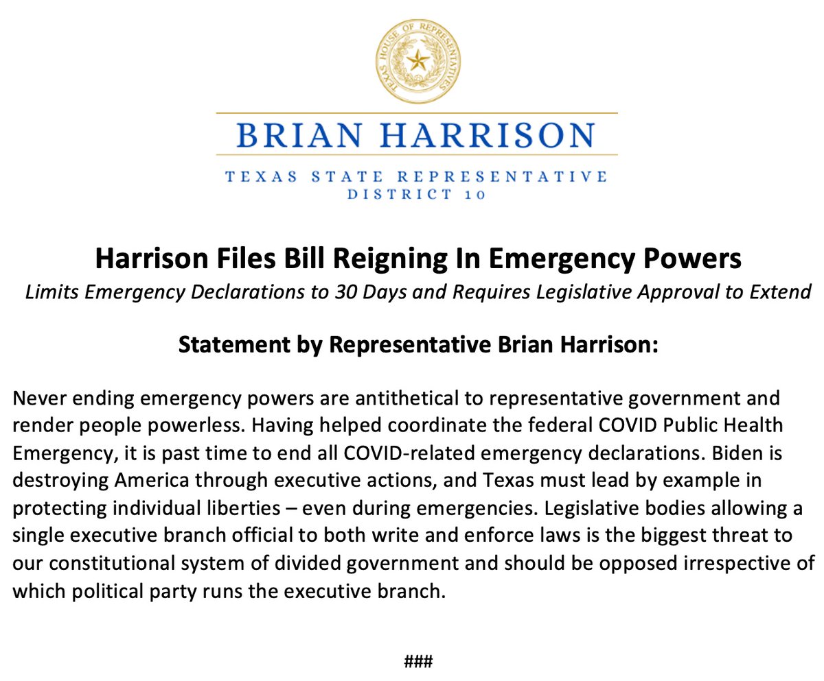 brianeharrison's tweet photo. 🚨Today, on the 1000th day of Texas' #COVID Emergency Declaration, I filed the "Liberty Protection In Emergencies Act." Full statement. #txlege https://t.co/Z1mwapdAig