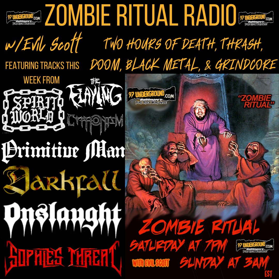 #newepisode #saturdaynight 7pm ET #usa on @97underground with tracks from @PRIMITIVEMANE @ONSLAUGHTUK @MorbidAngelBand #TheFlaying #SpiritWorld @RichDavismusic @MfnH @cyphonism  and more! @Skateboardmkt @AsherMedia @ClawHammerPR @MetalMission97 @rat_review @ITHERETWEETER1