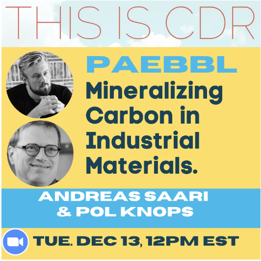 Happening next week on  <a href="/openaircollect/">The OpenAir Collective</a>'s "This is CDR" 

<a href="/Paebbl/">Pæbbl</a> Co-Founders  will talk about their new  innovative method of using mineralization to combine #CO2 w/ abundant minerals to create carbon-negative industrial raw materials.

ow.ly/zztK50LTJaE