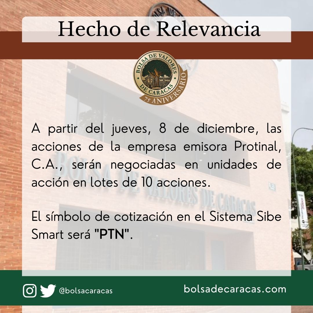 #HechodeRelevancia | El símbolo en el Sistema Sibe Smart para la empresa emisora Protinal, C.A., será “PTN”. 

👨‍💻 bit.ly/3W38mHL