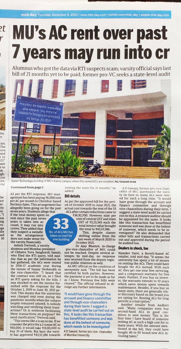 MaldeNimish's tweet photo. MU's AC rent scam which may run into crore of rupees exposed through RTI by CYSS Mumbai
@AAPMumbai @CYSSMumbai @PreetiSMenon @AYWMumbai @AaplaAditya @adityampaul @rubenmasc @TiwariDwijendra @piusvarghese @mjdoshi @Mystic_Soul25 @Aslam_Merchantt @AAPKaImranMulla @AshishVDwivedi https://t.co/wuk0cz15Ti