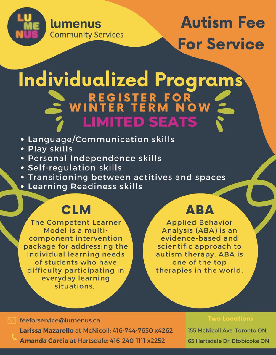 We still have a few seats left in our Individualized Programs! Register for our winter term now! 

#lumenus #autism #lumenusautism #FreeForService #torontoautismsupport #torontoparents  #torontofamily  #autismtoronto #ffs #autismffs #aba #abaprograms #clm #competentlearnermodel
