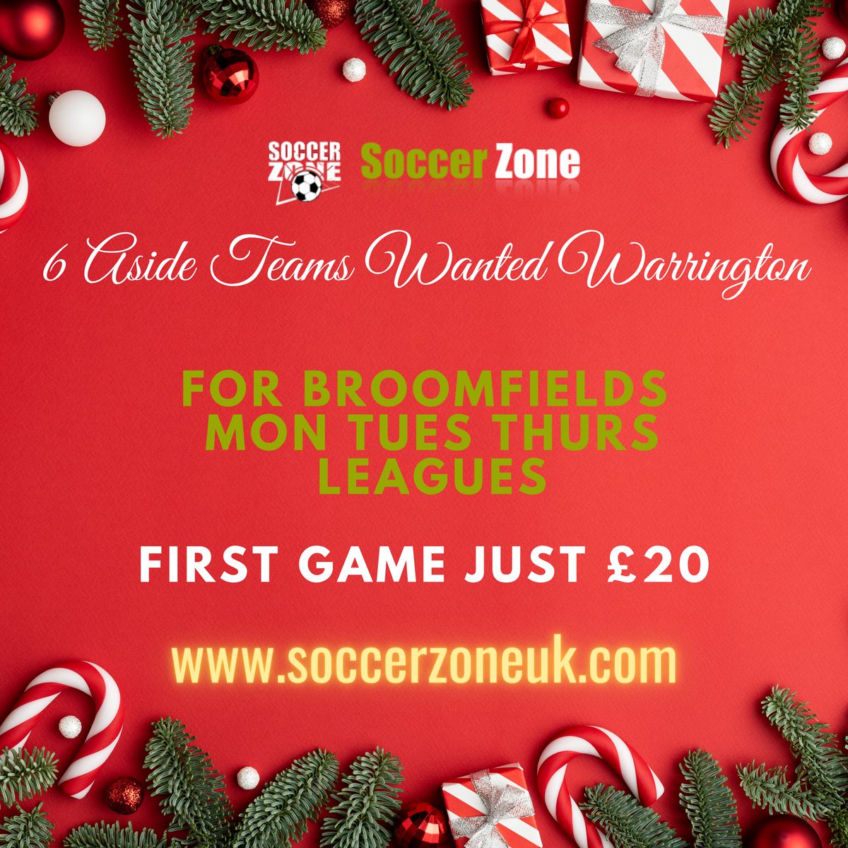 🚨 🎄Winter Offer 6️⃣ a side soccer teams wanted, first game fee now just £20🎅🚨
 
Low cost match fees 💷
New 4G pitch ⚽️
All standards catered for 🏆

➡️ soccerzoneuk.com
☎️ 0787332981
📧 soccerzoneuk1@gmail.com

#soccerzoneuk #football #warrington #6aside  #soccer