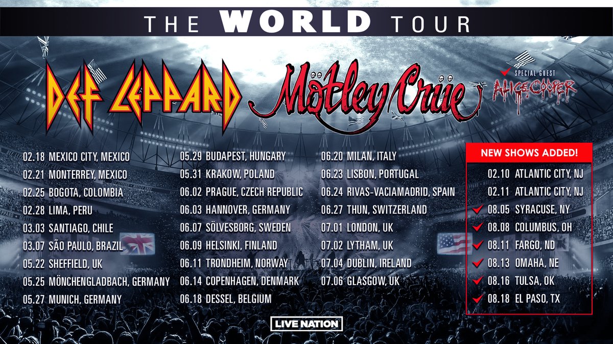 DefLeppard's tweet photo. See you on the road with @MotleyCrue and @alicecooper 🔥

Sat Aug 05 Syracuse, NY
Tue Aug 08 Columbus, OH
Fri Aug 11 Fargo, ND
Sun Aug 13 Omaha, NE
Wed Aug 16 Tulsa, OK
Fri Aug 18 El Paso, TX https://t.co/NvhItTbCLS