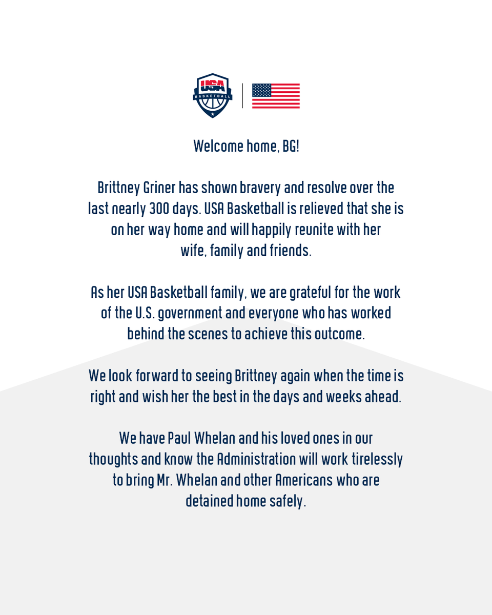 usabasketball's tweet photo. Welcome home, Brittney Griner 🤍 https://t.co/ELtuqHiwXk