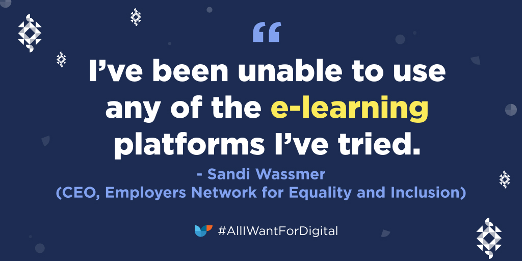More accessible, screen reader-friendly e-learning platforms are <a href="/SandiWassmer/">Sandi Wassmer</a>'s wish this Christmas. Watch the full videos and find out more about our campaign: bit.ly/all-i-want-tw

#AlIWantForDigital #Accessibility