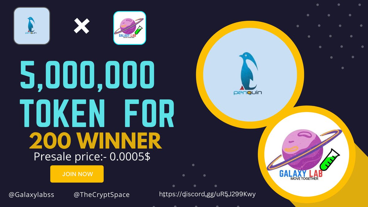 Galaxylabss's tweet image. 🔥 Penguin Token x Galaxy labs Massive #Airdrop 🔥

🎟️ #Giveaway:-
🎁 Total Pool 5,000,000 PenguinToken For 200 Winner 🏆

To Enter-
1⃣ Followers @PenguinToken2 &amp;amp; @Galaxylabss
2⃣ ❤️,RT &amp;amp; Tag 3 friends
3️⃣ Fill #Gleam form:-
gleam.io/competitions/O…

⏰16 Dec.
#Airdrop #NFTGiveaways
