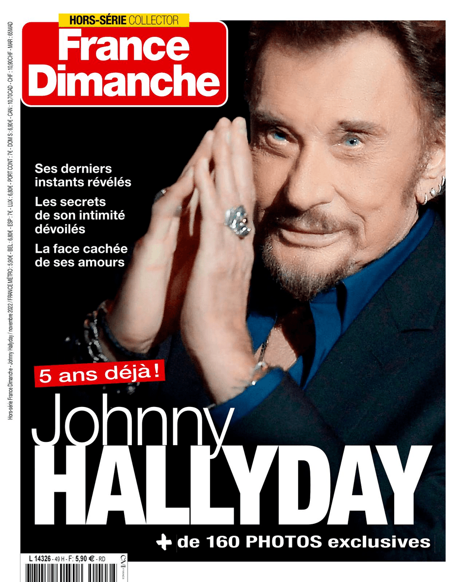 CMIMediaFrance's tweet photo. Retrouvez dès maintenant en kiosque le nouveau hors série @France_Dimanche, consacré à Johnny Hallyday. 5 ans après sa disparition, le magazine revient sur ses secrets, ses amours, ses passions cachées et bien plus encore ! https://t.co/Cq1yN5IkBT