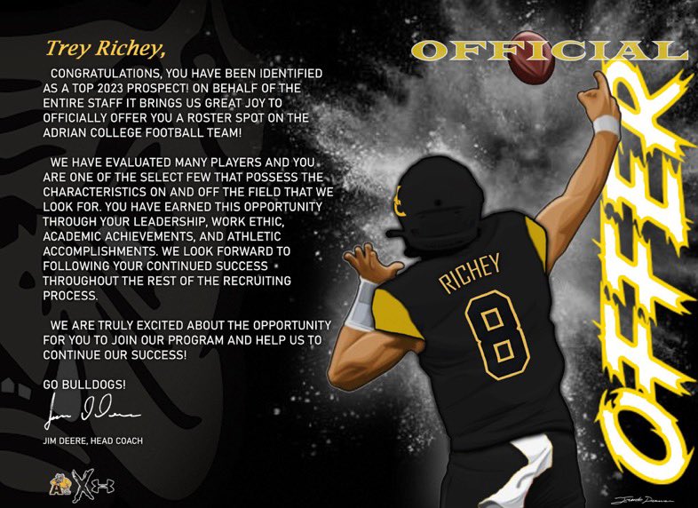 Trey Richey (@treyrichey3) on Twitter photo After a great talk with <a href="/coachbailey43/">Harry Bailey</a> I’m very thankful to have received an offer from <a href="/AdrianCollegeFB/">Adrian College Football</a> ‼️ <a href="/kate_moff/">Katie Moffett</a> <a href="/TheD_Zone/">The D Zone</a> <a href="/MLiveSports/">MLive Sports</a> <a href="/PrepRedzoneMI/">Prep Redzone Michigan</a> <a href="/MIexposure/">Michigan exposure</a> After a great talk with <a href="/coachbailey43/">Harry Bailey</a> I’m very thankful to have received an offer from <a href="/AdrianCollegeFB/">Adrian College Football</a> ‼️ <a href="/kate_moff/">Katie Moffett</a> <a href="/TheD_Zone/">The D Zone</a> <a href="/MLiveSports/">MLive Sports</a> <a href="/PrepRedzoneMI/">Prep Redzone Michigan</a> <a href="/MIexposure/">Michigan exposure</a>