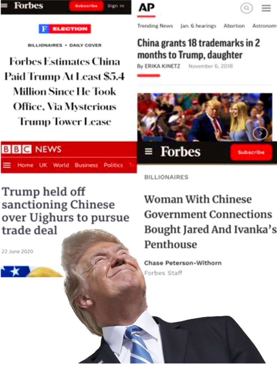 WalpurgaMueller's tweet photo. @GOPLeader @chairmang Oh, nice one Kevin. Maybe a few starting points:
- China paid $5.4m for penthouse lease in Trump Tower
- Ivanka received 18 trademarks in China in 2 months in 2018
- Why did Trump hold off sanctioning China for Uighur concentration camps?
- who bought Jared&amp;Ivanka a penthouse? https://t.co/C5hwQJnRKC