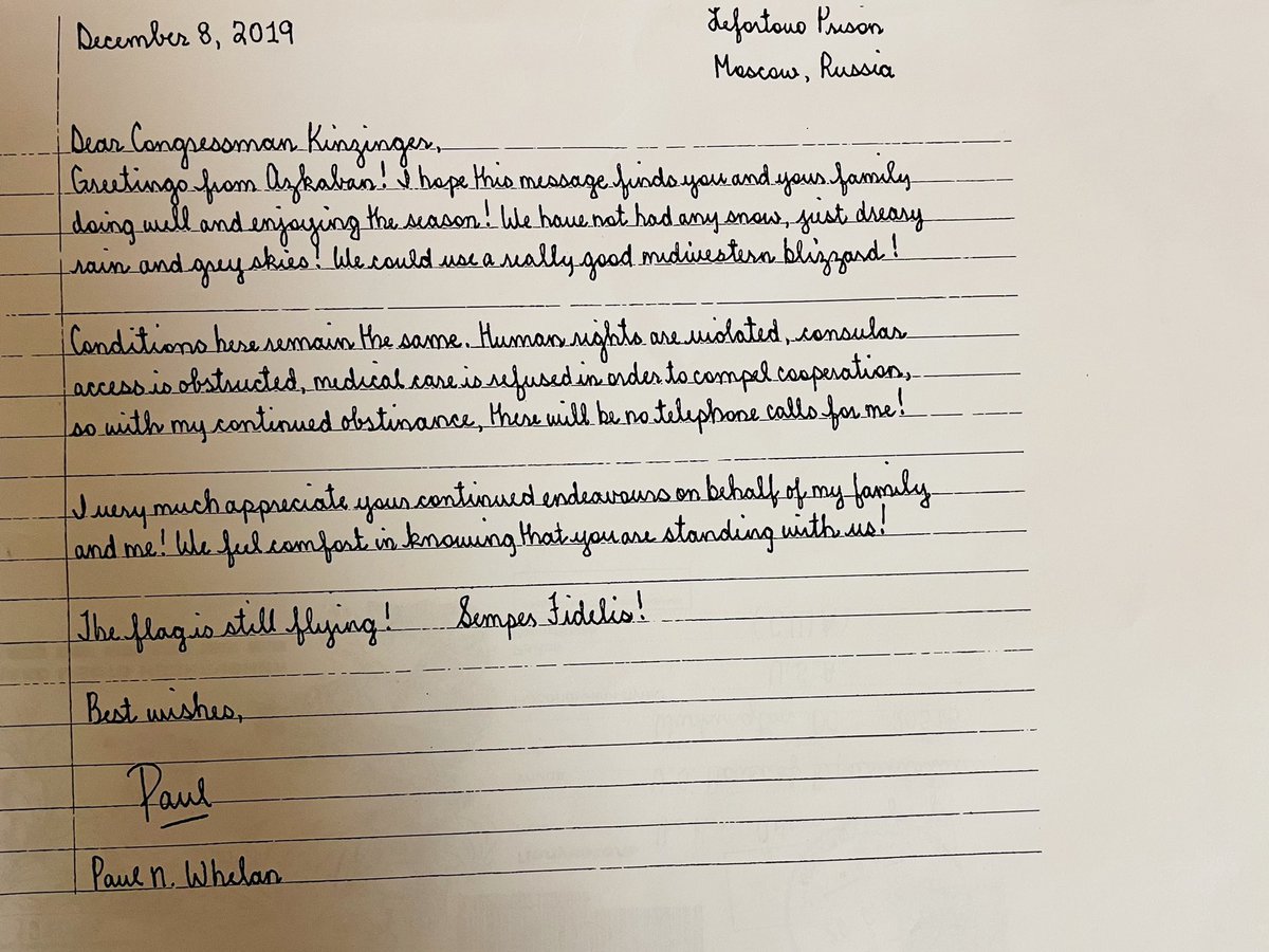 Exactly 3 years ago today, wrongfully detained Marine Paul Whelan wrote this letter to me. @POTUS @SecBlinken, It’s been over 4 years since his imprisonment. How much longer must his family wait? There is no place for weakness when it comes to lives of innocent Americans.