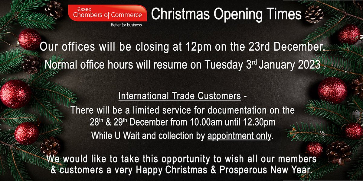 🎅 ESSEX CHAMBERS CHRISTMAS/HOLIDAY OPENING TIMES 🎅