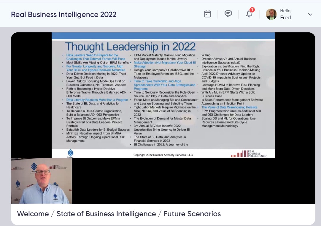 fmisbell's tweet photo. @howarddresner kicks off @RealBIEvent 2022 a virtual event and great audience of #dataleaders from a diverse worldwide audience -- and a highlight of #thoughtleadership #realBI https://t.co/1TL94zqVsw