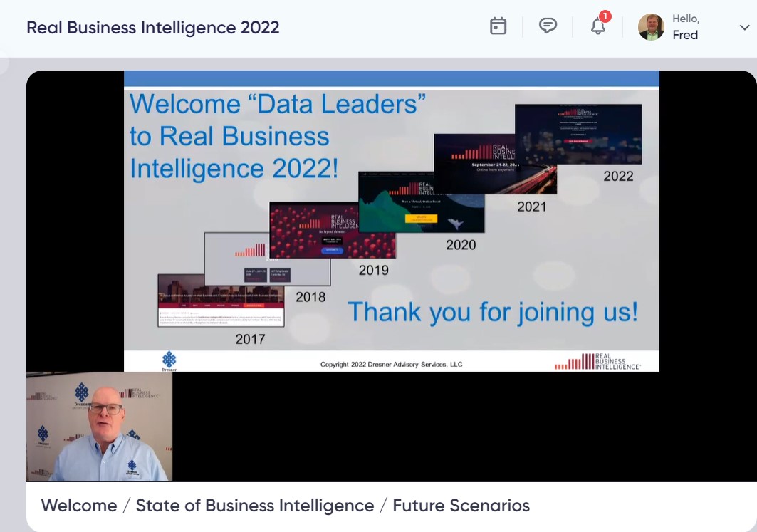 fmisbell's tweet photo. @howarddresner kicks off @RealBIEvent 2022 a virtual event and great audience of #dataleaders from a diverse worldwide audience -- and a highlight of #thoughtleadership #realBI https://t.co/1TL94zqVsw