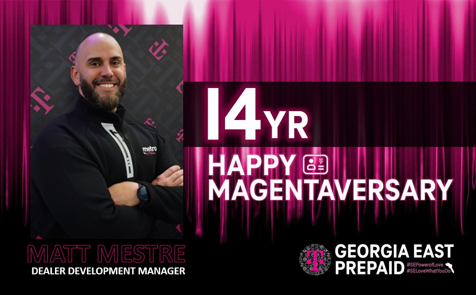 YO! Get ready with the confetti 🎊Matt Mestre has circled the Magenta sun for the 14th time! @mestre_matthew - your passion, commitment, & drive to excel is such a gift. Congratulations on your #Magentaversary 🏆#SELoveWhatYouDo @MetroByTMobile @thayesnet @AnnieG_FL @TonyCBerger