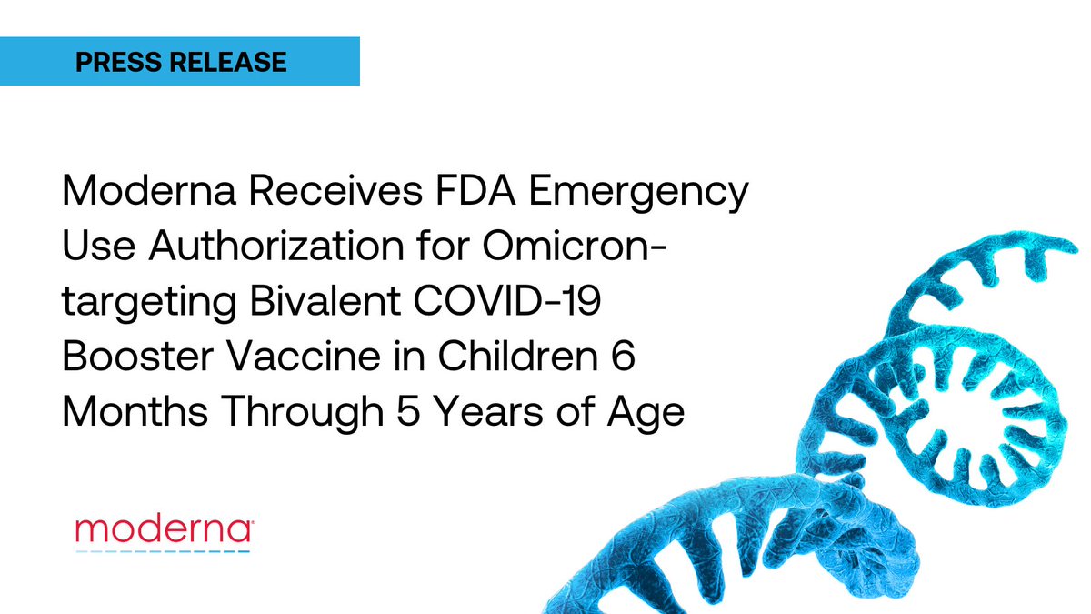moderna_tx's tweet photo. We announced today that we have received emergency use authorization (EUA) from the U.S. FDA for our BA.4/BA.5 Omicron-targeting #bivalent #COVID19 booster #vaccine, mRNA-1273.222, in children 6 months through 5 years of age. 

Read more: https://t.co/yGBMzZpcXx https://t.co/46c10BPxpK