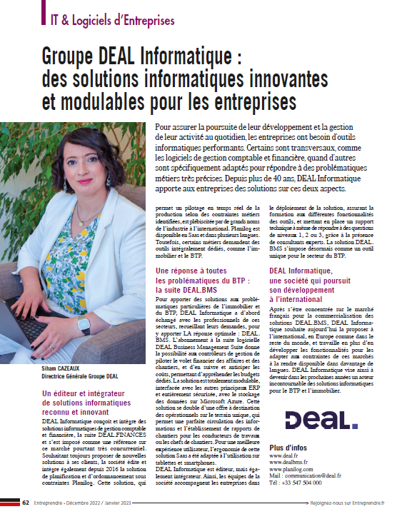 DEALfr's tweet photo. Sortie aujourd'hui du magazine Entreprendre : rendez-vous page 62 pour un zoom sur notre Directrice Générale Siham Cazeaux et le Groupe DEAL 🚀

Bonne lecture 👀 https://t.co/YrOtNyaGP8